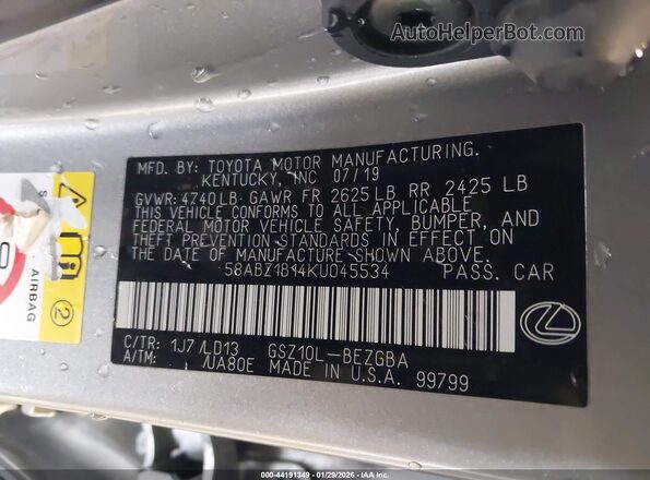 58ABZ1B14KU045534 2019 LEXUS ES 350 Silver Widok komory silnika