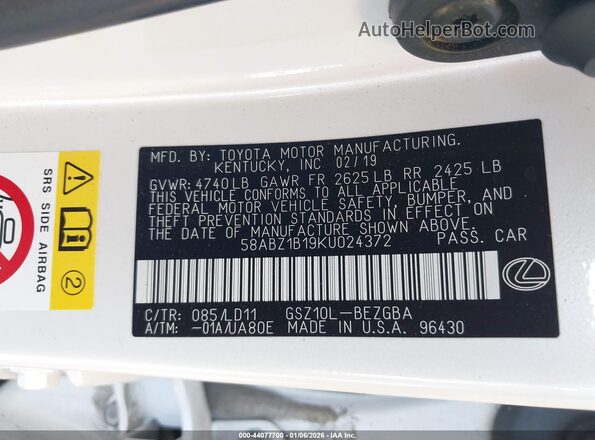 58ABZ1B19KU024372 2019 LEXUS ES 350 White Engine compartment view