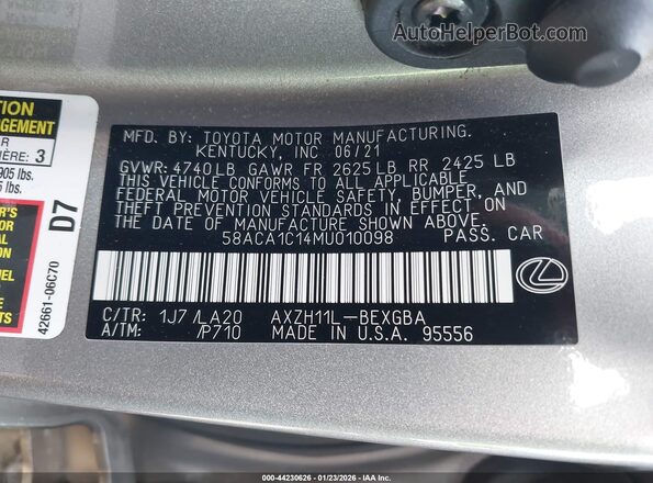 58ACA1C14MU010098 2021 LEXUS ES 300H Silver Vista del compartimento del motor