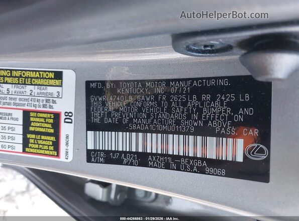 58ADA1C10MU011379 2021 LEXUS ES 300H Gray Widok komory silnika