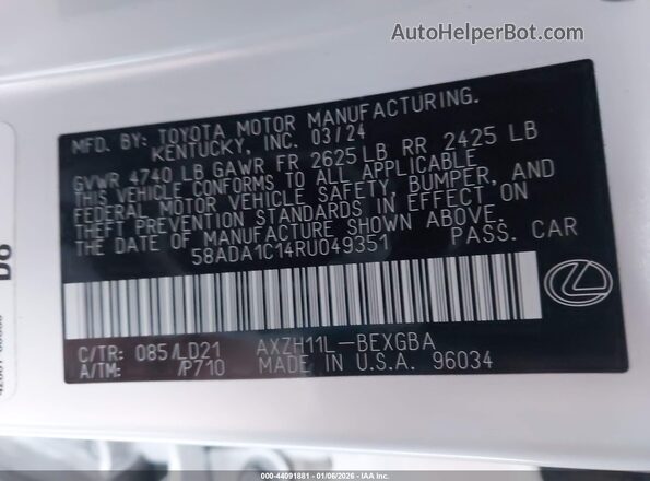 58ADA1C14RU049351 2024 LEXUS ES 300H Белый Вид подкапотного пространства