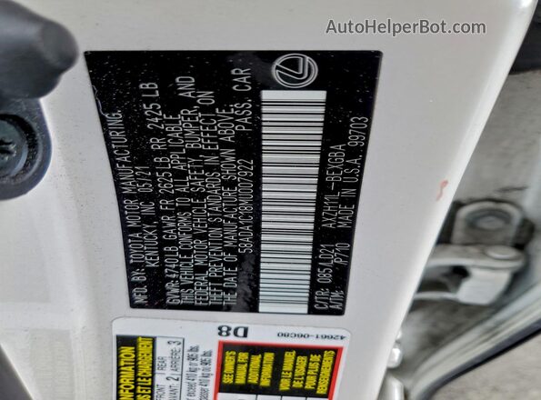 58ADA1C18MU007922 2021 LEXUS ES White Engine compartment view