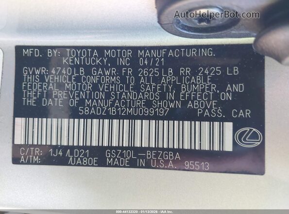58ADZ1B12MU099197 2021 LEXUS ES 350 Silver Widok komory silnika
