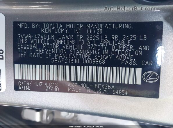 58AF21B18LU009868 2020 LEXUS ES 300H Серебряный Вид подкапотного пространства