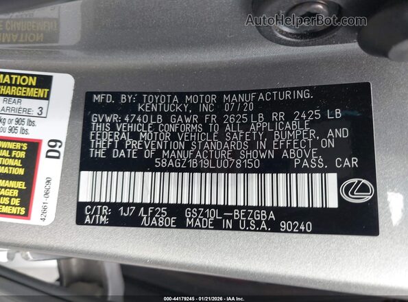 58AGZ1B19LU078150 2020 LEXUS ES 350 Серебряный Вид подкапотного пространства