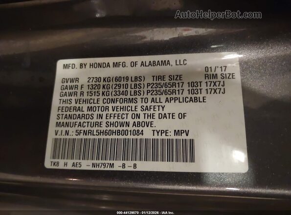 5FNRL5H60HB001084 2017 HONDA ODYSSEY Серый Вид подкапотного пространства