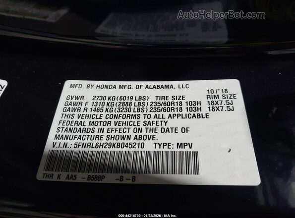 5FNRL6H29KB045210 2019 HONDA ODYSSEY Dark Blue Vista del compartimento del motor