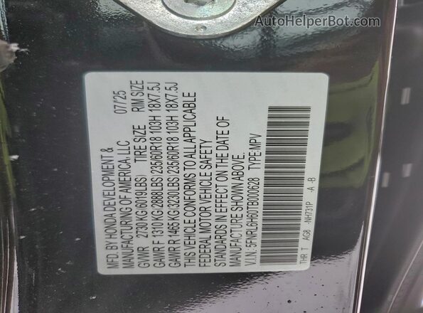 5FNRL6H60TB000628 2026 HONDA ODYSSEY Черный Вид наклейки с VIN-кодом