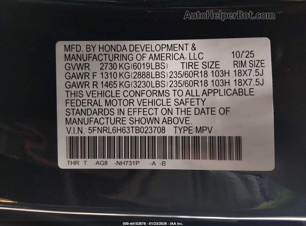 5FNRL6H63TB023708 2026 HONDA ODYSSEY Black Вид підкапотного простору