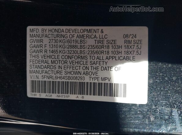 5FNRL6H64SB008293 2025 HONDA ODYSSEY Black Widok komory silnika