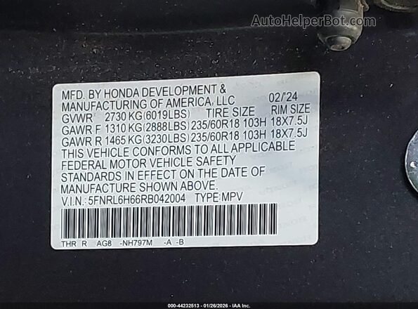 5FNRL6H66RB042004 2024 HONDA ODYSSEY Blue Vista del compartimento del motor
