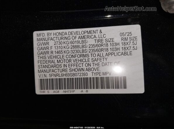 5FNRL6H69SB072393 2025 HONDA ODYSSEY Черный Вид подкапотного пространства