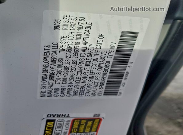 5FNRL6H69TB006590 2026 HONDA ODYSSEY Белый Вид наклейки с VIN-кодом