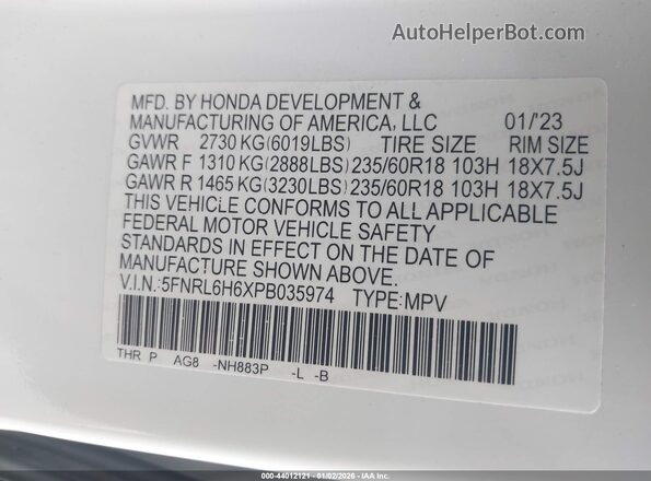 5FNRL6H6XPB035974 2023 HONDA ODYSSEY Белый Вид подкапотного пространства