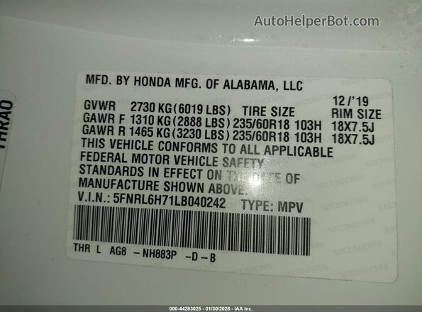 5FNRL6H71LB040242 2020 HONDA ODYSSEY Белый Вид подкапотного пространства