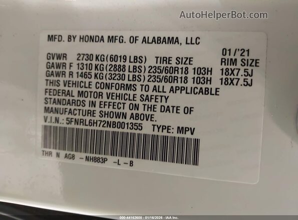 5FNRL6H72NB001355 2022 HONDA ODYSSEY Белый Вид подкапотного пространства