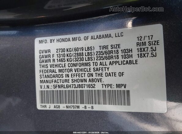 5FNRL6H73JB071652 2018 HONDA ODYSSEY Gray Widok komory silnika