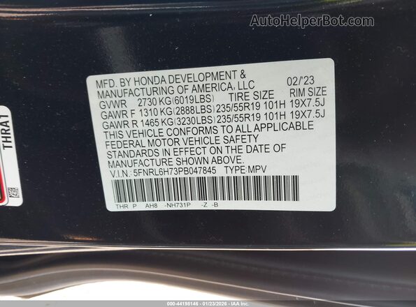 5FNRL6H73PB047845 2023 HONDA ODYSSEY Black Engine compartment view