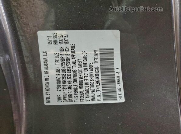 5FNRL6H74KB010313 2019 HONDA ODYSSEY Gray Vista de la etiqueta del VIN