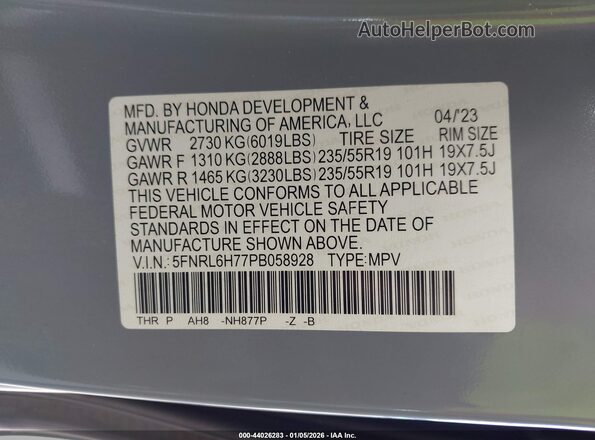 5FNRL6H77PB058928 2023 HONDA ODYSSEY Gray Widok komory silnika