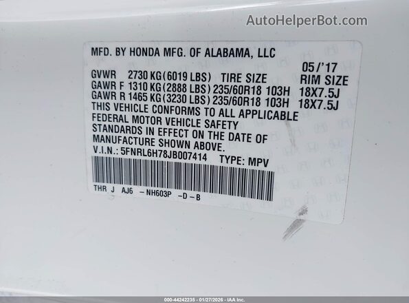 5FNRL6H78JB007414 2018 HONDA ODYSSEY Белый Вид подкапотного пространства