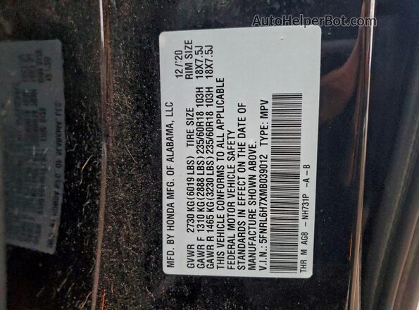5FNRL6H7XMB039012 2021 HONDA ODYSSEY Black Widok naklejki z numerem VIN