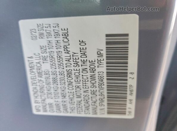 5FNRL6H7XPB046613 2023 HONDA ODYSSEY Gray Widok naklejki z numerem VIN