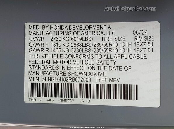 5FNRL6H82RB072506 2024 HONDA ODYSSEY Gray Engine compartment view