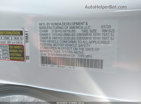 5FNRL6H94SB044026 2025 HONDA ODYSSEY Белый Вид подкапотного пространства