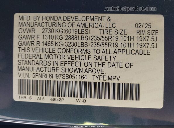5FNRL6H97SB051164 2025 HONDA ODYSSEY Синий Вид подкапотного пространства