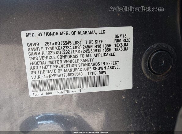 5FNYF5H17JB028540 2018 HONDA PILOT Серый Вид подкапотного пространства