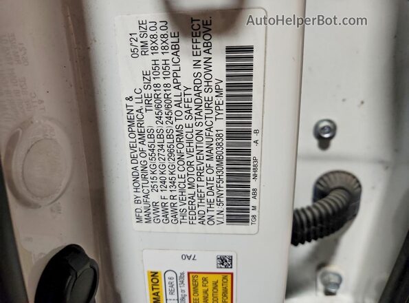 5FNYF5H30MB038381 2021 HONDA PILOT Белый Вид наклейки с VIN-кодом