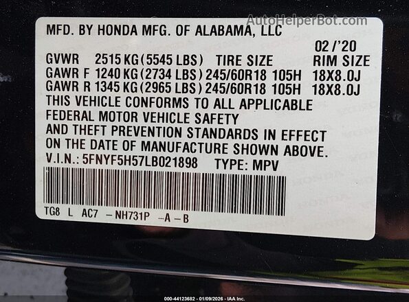 5FNYF5H57LB021898 2020 HONDA PILOT Черный Вид подкапотного пространства