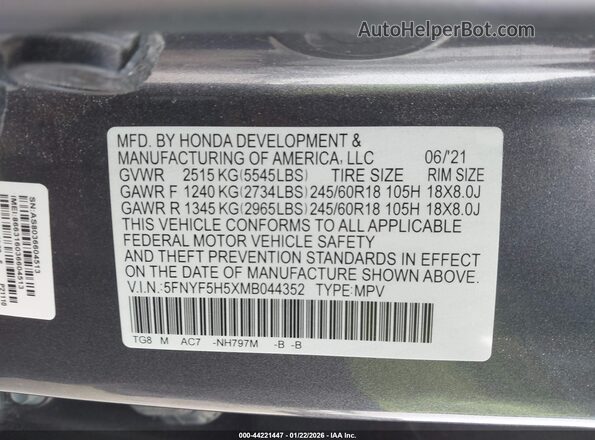5FNYF5H5XMB044352 2021 HONDA PILOT Серый Вид подкапотного пространства