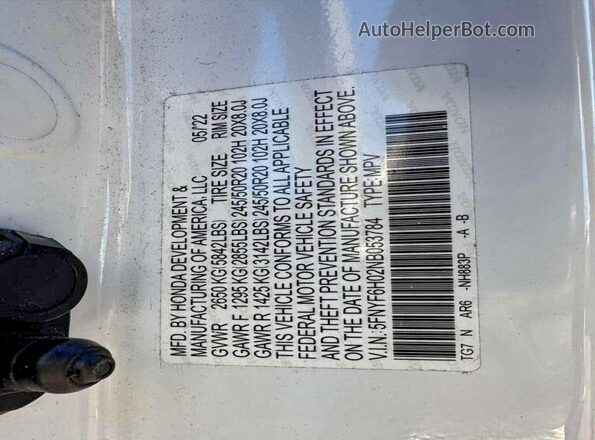 5FNYF6H02NB053784 2022 HONDA PILOT Белый Вид задних сидений