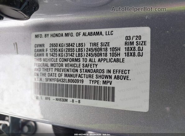 5FNYF6H32LB060919 2020 HONDA PILOT Серебряный Вид подкапотного пространства