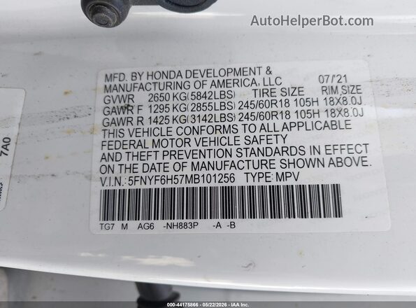 5FNYF6H57MB101256 2021 HONDA PILOT White Widok komory silnika