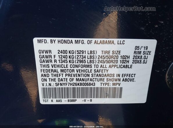 5FNYF7H26KB006843 2019 HONDA PASSPORT Dark Blue Вид подкапотного пространства