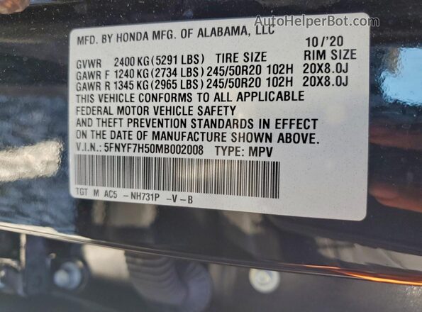 5FNYF7H50MB002008 2021 HONDA PASSPORT Черный Панорамный вид салона 360°
