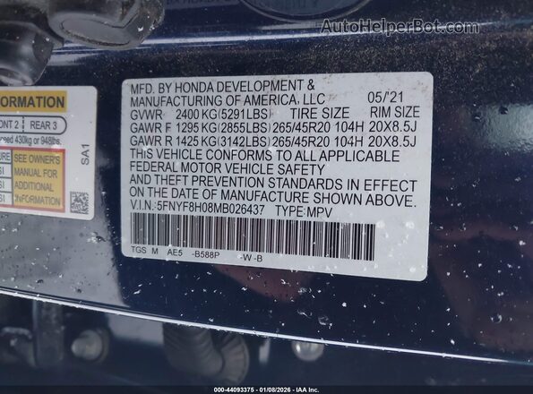 5FNYF8H08MB026437 2021 HONDA PASSPORT Blue Widok komory silnika