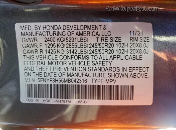 5FNYF8H55MB042316 2021 HONDA PASSPORT Charcoal Widok wnętrza 360 stopni