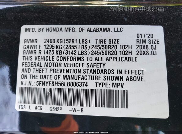 5FNYF8H56LB006374 2020 HONDA PASSPORT Green Շարժիչի բաժամունքի տեսք