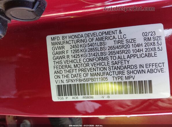 5FNYF8H56PB011905 2023 HONDA PASSPORT Красный Вид подкапотного пространства