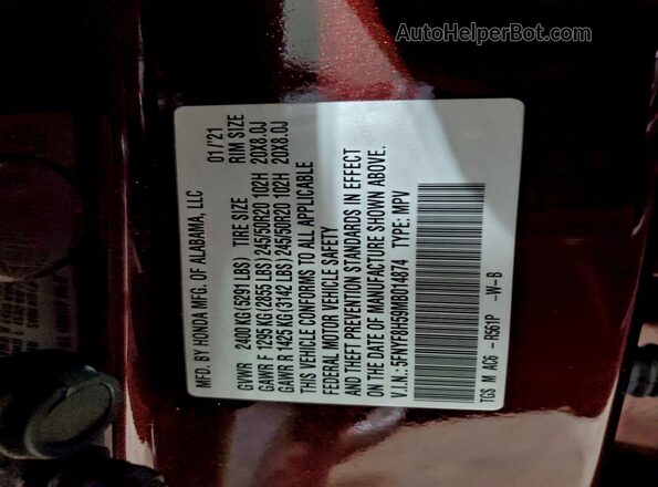 5FNYF8H59MB014874 2021 HONDA PASSPORT Burgundy Widok naklejki z numerem VIN