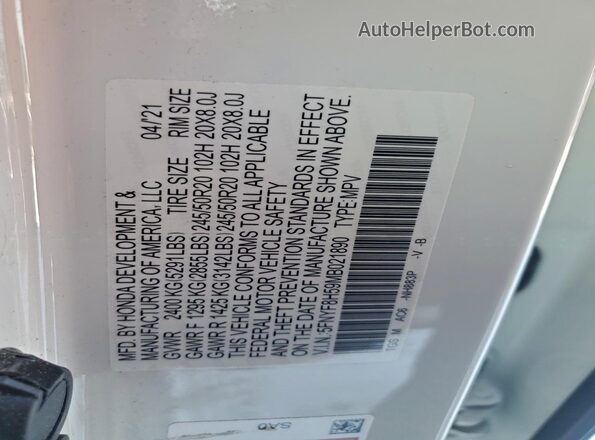 5FNYF8H59MB021890 2021 HONDA PASSPORT Белый Вид наклейки с VIN-кодом