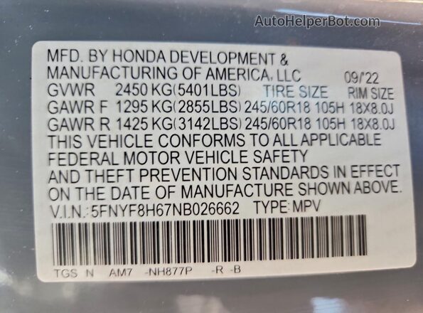 5FNYF8H67NB026662 2022 HONDA PASSPORT Серый Вид наклейки с VIN-кодом