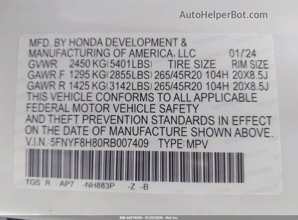 5FNYF8H80RB007409 2024 HONDA PASSPORT Белый Вид подкапотного пространства