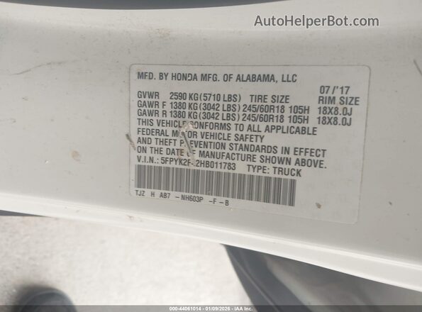 5FPYK2F42HB011783 2017 HONDA RIDGELINE Белый Вид подкапотного пространства