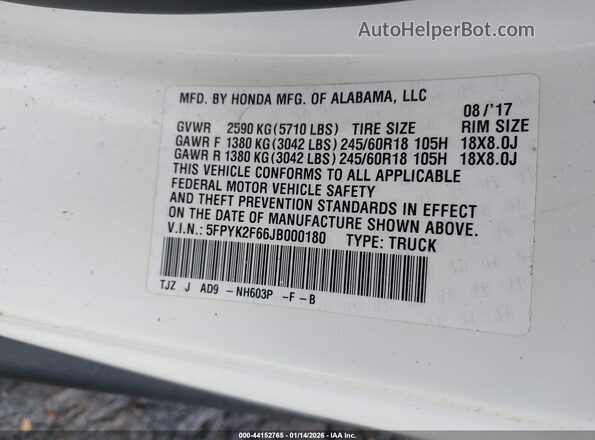 5FPYK2F66JB000180 2018 HONDA RIDGELINE Белый Вид подкапотного пространства