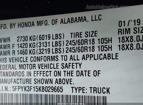 5FPYK3F15KB029665 2019 HONDA RIDGELINE Черный Вид подкапотного пространства